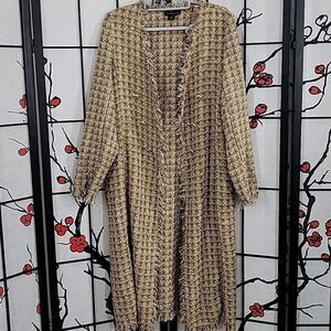 House of Harlow 1960 Gold Knit Shimmer Tweed Open Duster Long Coat M Fringed